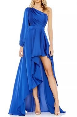 Mac Duggal Cobalt Blue Satin Single Sleeve High Low Prom MOB Dress Size 2 49141